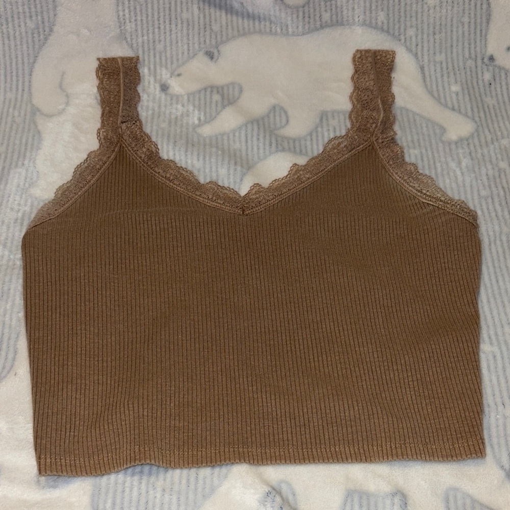 Brown Lace Trim Ribbed Women's Top